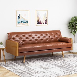 Adelaide Mid-Century Modern Tufted Sofa with Rolled Accent Pillows, Gold-Tipped Rubberwood Legs & Diamond Stitching - 1 of 4