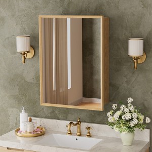 Oak Wood Framed Bathroom Wall Cabinet with Mirror and Adjustable Shelves, Wall Mounted Storage Cabinet with Mirror for Bathroom - 1 of 4