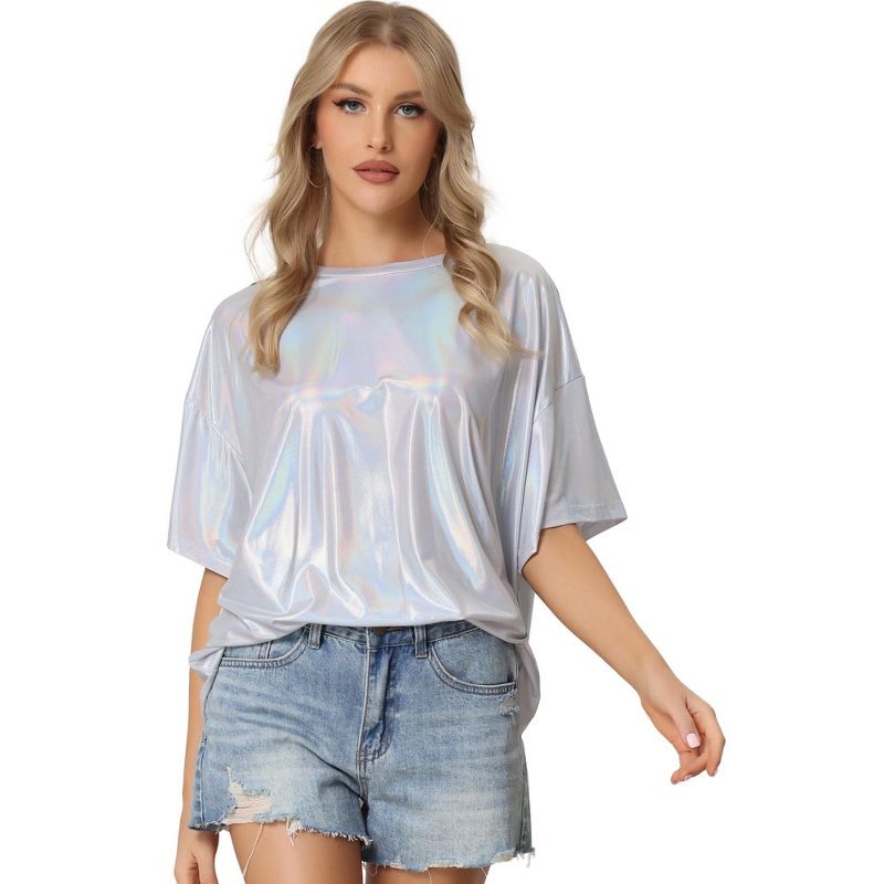 Allegra K Women's Sparkly Short Sleeve Holographic Party Metallic T-Shirt, 1 of 6