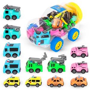 Playkidiz Mini Vehicle Toy Set with Storage Container, 12 Emergency and Service Cars, Police, Fire Truck, Ambulance, Taxi - 1 of 4