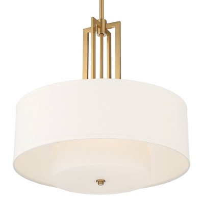 Warm Brass Double Drum Pendant Light with Linen Shade