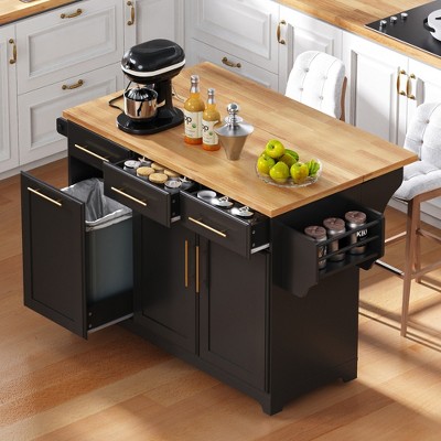 KTMBDW 59.3" Kitchen Island with Storage 2 Pull Out Cabinet Organizers&Rubber Wood Drop Leaf,Rolling Kitchen Island with Trash Can Storage for Kitchen