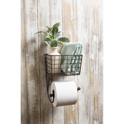Bronze Iron Wall-Mounted Toilet Paper Holder with Storage Basket
