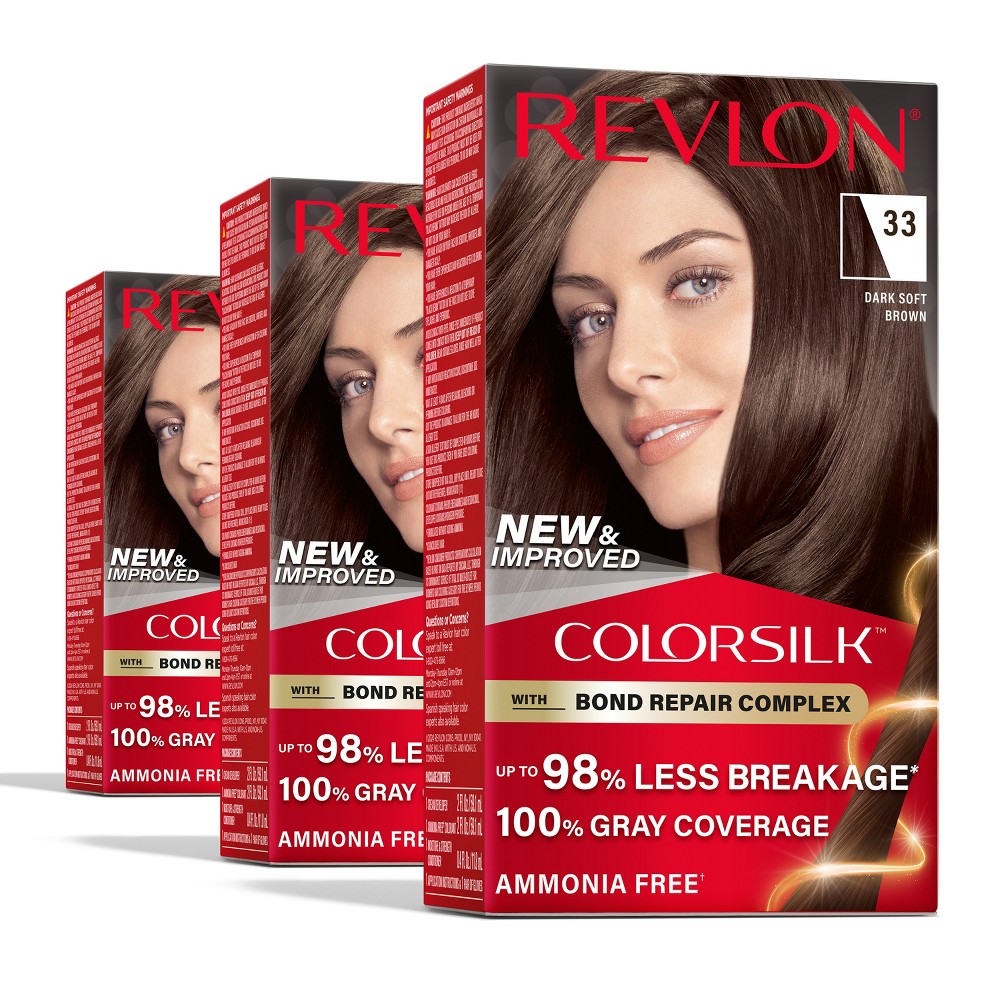 Photos - Hair Dye Revlon ColorSilk Permanent Hair Color with Bond Repair Complex - 033 Dark Soft Brown - 13.2 fl oz/3ct 33 Dark Soft Brown 