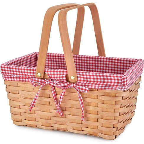 Big Mo's Toys Picnic Basket - Woven Natural Woodchip Wicker Basket with  Double Handles and Red and White Gingham Blanket Lining