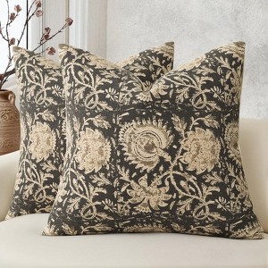 Vintage Floral Print Throw Pillow Covers 18x18 Set of 2 Neutral Modern Farmhouse Pillowcases, Black - 1 of 4