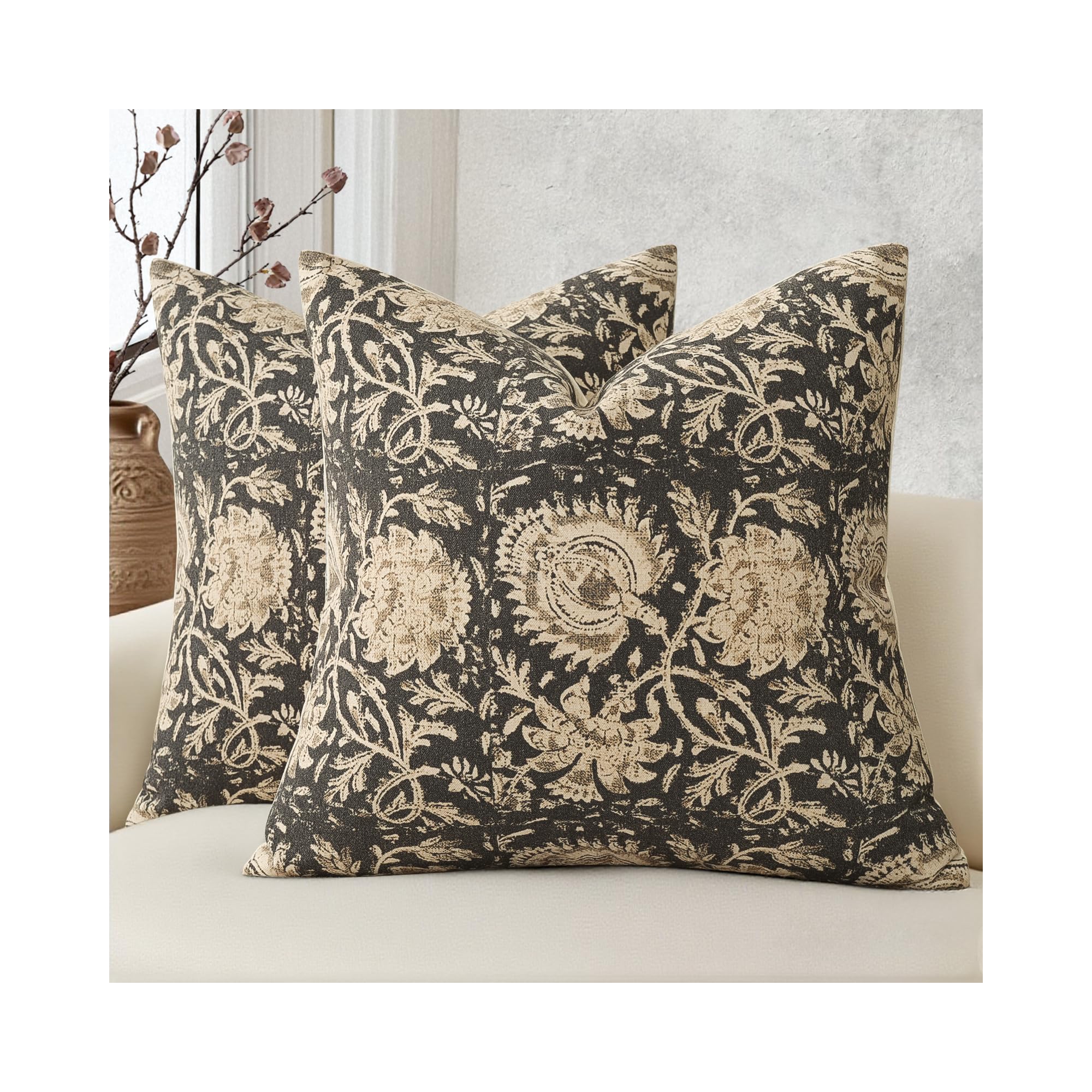 Vintage Floral Print Throw Pillow Covers 18x18 Set of 2 Neutral Modern Farmhouse Pillowcases, Black