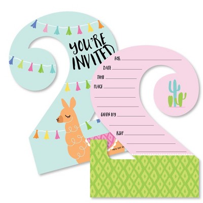 Big Dot of Happiness 2nd Birthday Whole Llama Fun - Shaped Fill-in Invites - Llama Second Birthday Party Invitation Cards with Envelopes - Set of 12