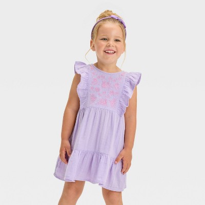 Image of Toddler Girls' Ruffle Embroidered Floral Dress - Cat & Jack™ Lavender 18M