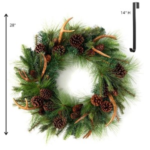 Sullivans Artificial Pine and Antler 28"H Wreath and 14"H Hanger Set, Green and Black - 1 of 4