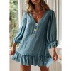 Womens Ruffled Baby Doll Dress Front Button V Neck Flowy Dress Beach Sundress with 3/4 Sleeve Linen A Line Dress Summer Mini Dress,Light Blue - S - 4 of 4