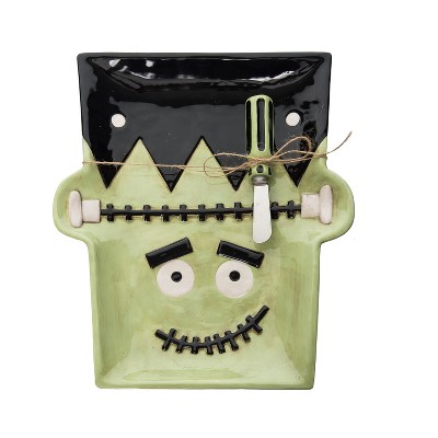 Transpac 12.25 Inch Halloween Frankenstein Platter with Spreader for Treats Snacks Indoor Parties Durable Dolomite Green Design