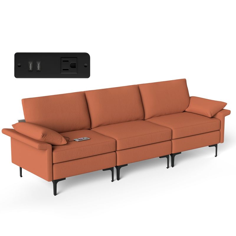 Costway Modern Modular Fabric 3-Seat Sofa Couch w/ Socket USB Ports & Metal Legs Red\Green, 1 of 11