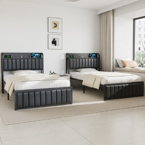 VECELO Twin/Full/Queen Size Metal Frame Platform Bed Frame with Storage Charging Station, Black/Gray - 1 of 4