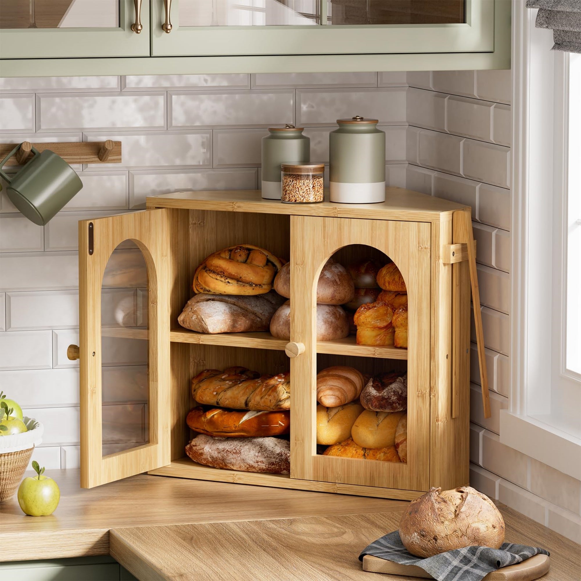 MOEPISY Corner Bread Box for Kitchen Countertop, 2 Tier Bamboo Bread Storage Container (Natural, Medium)