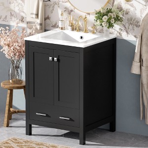 24"W Bathroom Vanity with Ceramic Sink, Bathroom Sink Cabinet with Drawer, Soft-close Door & Double-layer Door Shelf - ModernLuxe - 1 of 4
