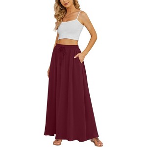 Women's Flowy High-Waist Maxi Skirt - Summer Pleated Long Skirt with Pockets Wine Red - 1 of 4