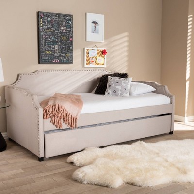 Beige Twin Upholstered Daybed with Nailhead Trim and Trundle