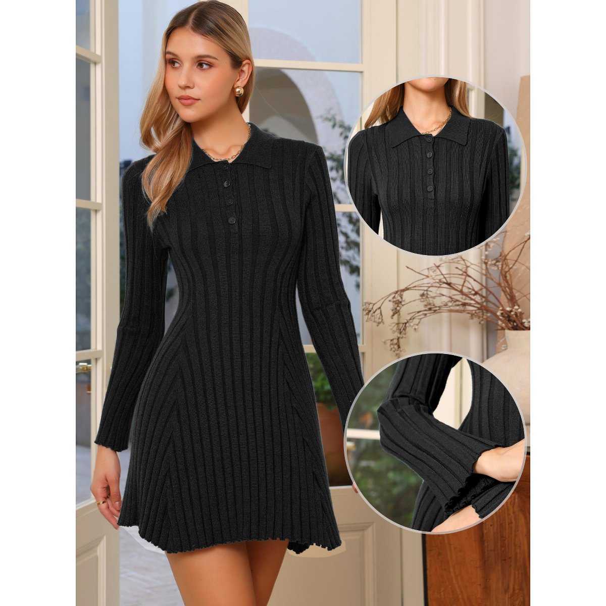 Женские платья INSPIRE CHIC Women's Pleated Button Front Casual Long Sleeve Knit Shirt Sweater Dress Black X-Large — фото 2