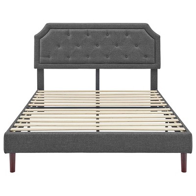 King Dark Grey Linen Upholstered Platform Bed with Tufted Headboard
