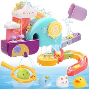 No-Hole Bath Toy Set with Water Slide Track and Fishing Net, Squirting Floating Toys for Kids - 1 of 4