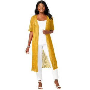 Jessica London Women's Plus Size Scalloped Crochet Sweater Duster - 1 of 4