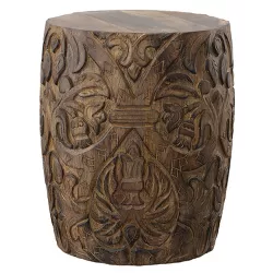 14" Round End Table with Damask Carved Pattern and Wooden Frame Walnut Brown - The Urban Port