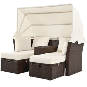 Nestfair 2-Seater Wicker Outdoor Double Day Bed with Foldable Awning and Cushions - 1 of 4