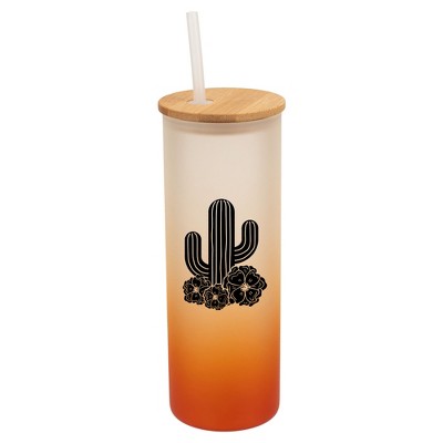 Elanze Designs Cactus Desert Flower Garden Wrap-Around Design 25 Ounce Frosted Gradient Glass On-The-Go Coffee Travel Skinny Tumbler Mug Cup, Bamboo