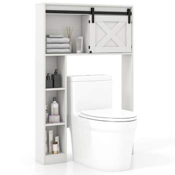 Tangkula Freestanding Over The Toilet Storage Cabinet Bathroom Cabinet with Sliding Barn Door & Storage Shelves White/Rustic
