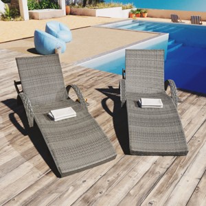 Set Of 2 Outdoor Wicker Chaise Lounge Chairs With Adjustable Backrest,Patio Rattan Reclining Chair With Pull-out Side Table -Maison Boucle - 1 of 4