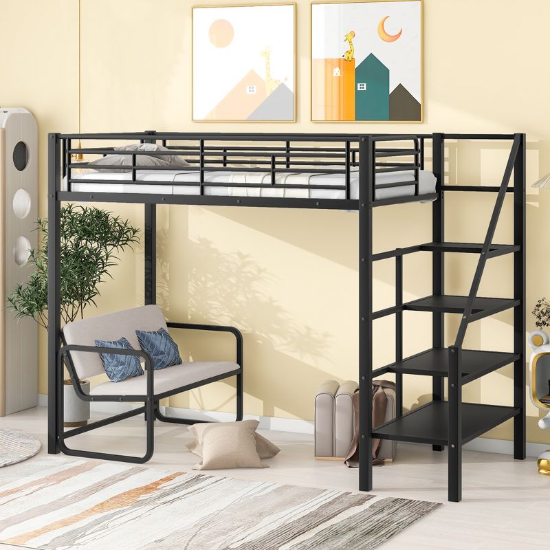 Twin Size Metal Loft Bed with Bench and Storage Staircase, Black-ModernLuxe, 3 of 12