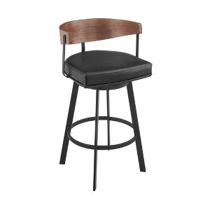 HomeRoots 26" Black and Brown Faux Leather and Iron Low Back Counter Height Swivel Bar Chair - 1 of 4