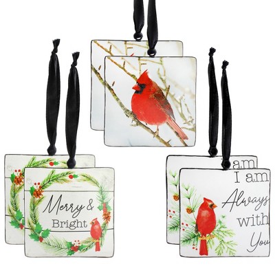 AuldHome Design Christmas Memorial Cardinal Ornaments, 6pc Set; Vintage Tin Style Painted Square Hanging Decorations