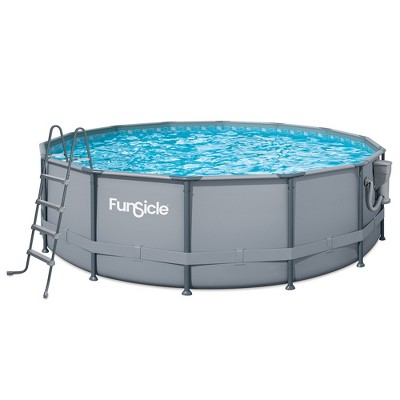 Funsicle 16' x 48" Oasis Designer Round Frame Above Ground Outdoor Swimming Pool Set with SkimmerPlus Filter Pump, Ladder, and Pool Cover, Gray