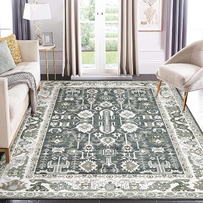 Washable Vintage Area Rug, Non Slip Low Pile Oriental Floral Carpet for Living Room Bedroom Dining Room