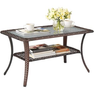 VINGLI Outdoor Coffee Table with Storage Wicker Patio Coffee Table, Tempered Glass Top Coffee Table for Patio Outside Balcony Porch Deck (Brown) - 1 of 4
