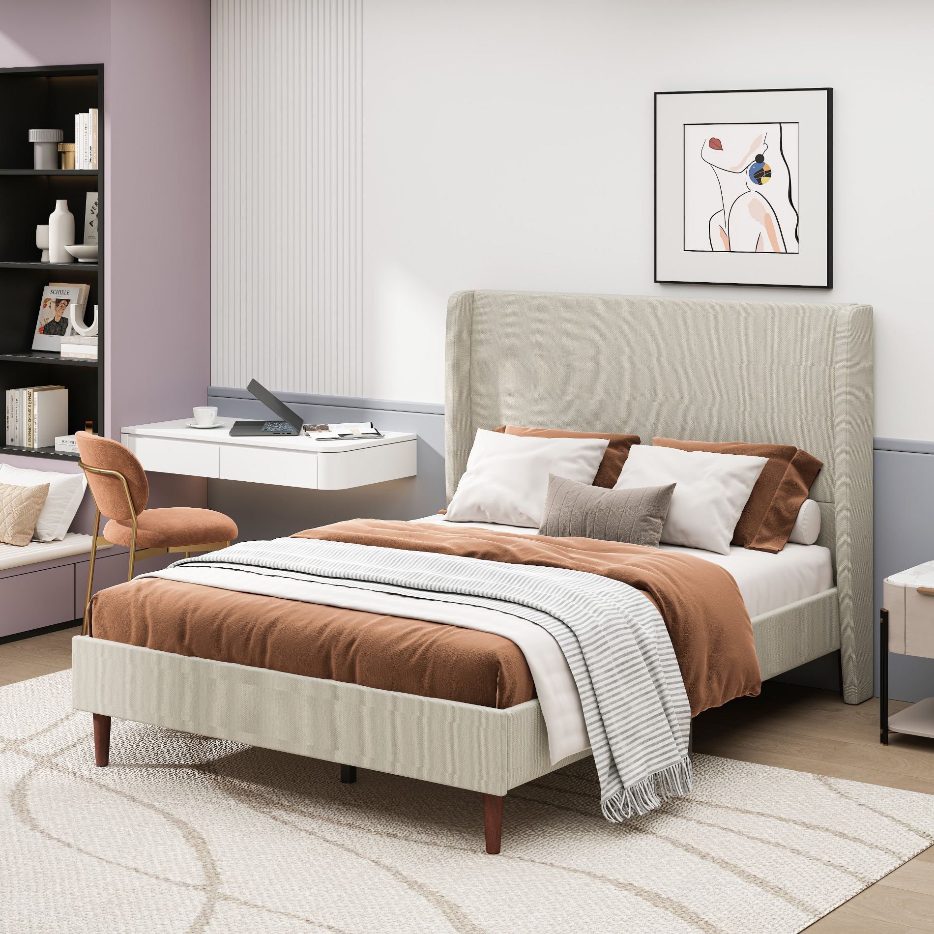 KTMBDW Upholstered Platform Bed Frame, 51" High Headboard Carmen Wingback Bed, Fully Upholstered Mattress Foundation, No Box Spring Needed, Beige