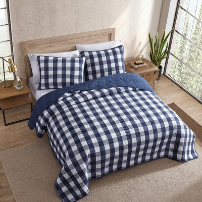 Twin White and Indigo Cotton Reversible Plaid Quilt Set