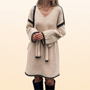 EadianDree Womens Long Sleeve V Neck Belted Sweater Dress Contrast Trim Knit Pullover Mini Dresses Fall Winter Jumper Tunics : Target