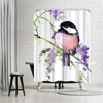 Americanflat 71" x 74" Shower Curtain, Chickadee And Purple Flowers by Suren Nersisyan