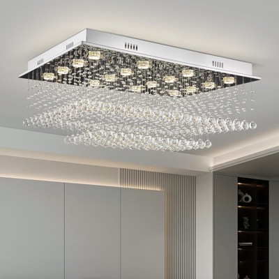 Ludomide Modern Rectangular Crystal Chandelier, Large Ceiling Light Fixture with Contemporary Luxury Design, Flush Mount Chandelier for Living Room