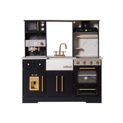 ROBOTIME Play Food and Toy Kitchens, Play Kitchen Playset with Wash Basin and Ice Maker, for Children's Gift, Black, 38"*14.2"*39.8"