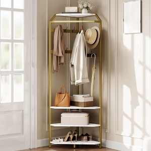 Corner Hall Tree with Shoe Bench, Entryway Corner Coat Rack with 12 Hooks, Freestanding Clothes Rack with Storage Organizer Shelf for Entryway - 1 of 4