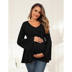 Maternity Shirts Pleated Tunic Flouncy Bell Long Sleeve Babydoll V Neck Hollow Out Tie Back Pregnancy Tops Tee - 1 of 4