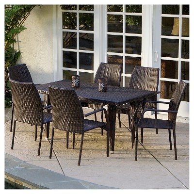 Canoga 7pc Wicker Patio Dining Set - Brown - Christopher Knight Home: Weather-Resistant, Galvanized Steel Hardware