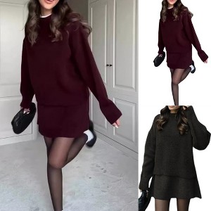 Women Casual College Style Sweater Skirt Sets 2 Pieces Outfits Loose Fit Pullover Knitted Mini Skirt - 1 of 4