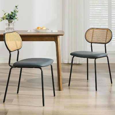TYBOATLE Dining Chairs Set of 2, Mid-Century Modern Rattan Back Chairs with Black Faux Leather, Metal Legs, Boho Cane Chairs for Dining Room