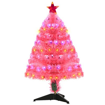 HOMCOM 35.5" Tall Pre-Lit Douglas Fir Artificial Christmas Tree with Realistic Branches, 90 Multi-Color LED Lights, Fiber Optics, and 90 Tips, Pink