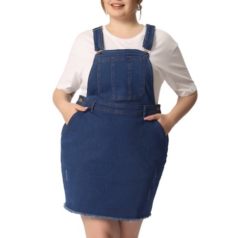 Agnes Orinda Women's Plus Size Regular Fit Fashion Ripped Hem Side Pocket  Denim Suspender Mini Sundress Blue 4X